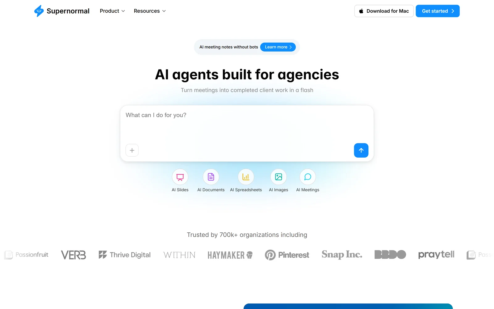 Supernormal landing page - AI meeting notes and agents for agencies, an Otter.ai alternative