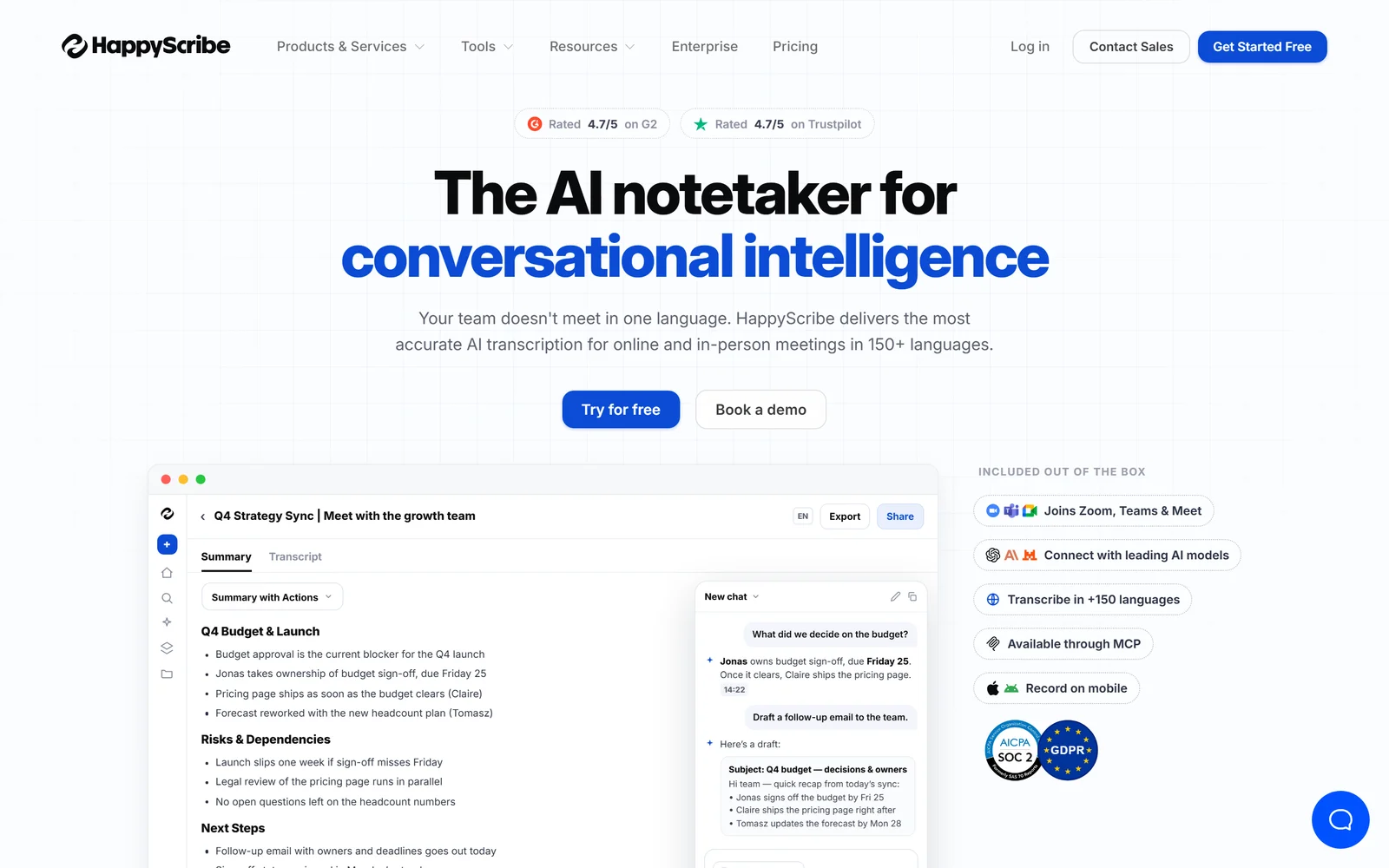 Happy Scribe landing page - AI notetaker and subtitling in 150+ languages, an Otter.ai alternative