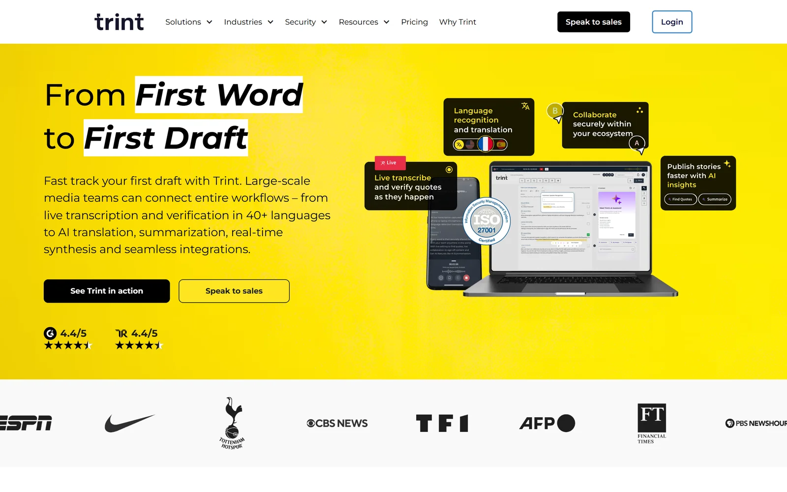Trint landing page - AI transcription and storytelling platform for newsrooms, an Otter.ai alternative