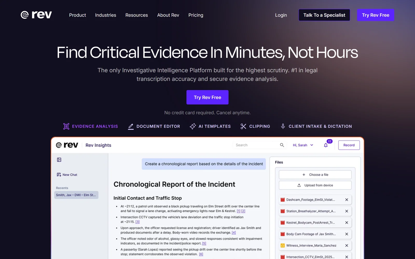 Rev landing page - professional transcription platform with legal-grade accuracy, an Otter.ai alternative