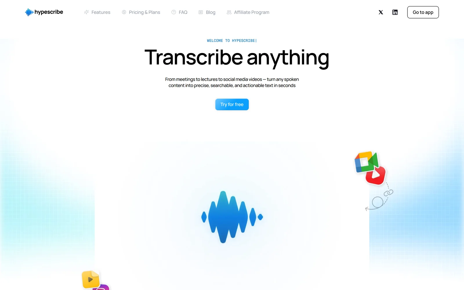 HypeScribe landing page - transcribe audio, video, and links on any Android device