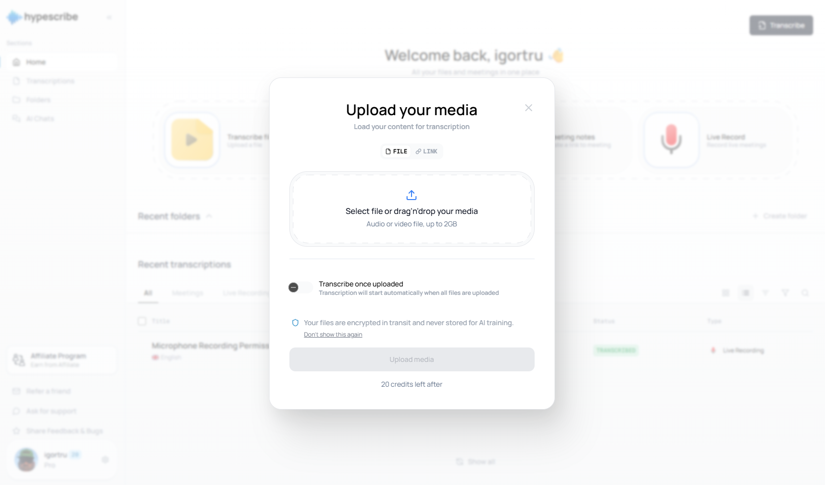 HypeScribe upload window with drag and drop area, audio or video file up to 2 GB