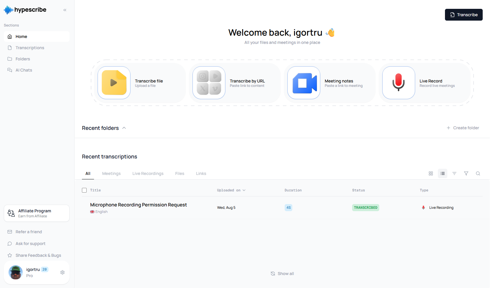 HypeScribe home screen with four options: transcribe file, transcribe by URL, meeting notes, live record