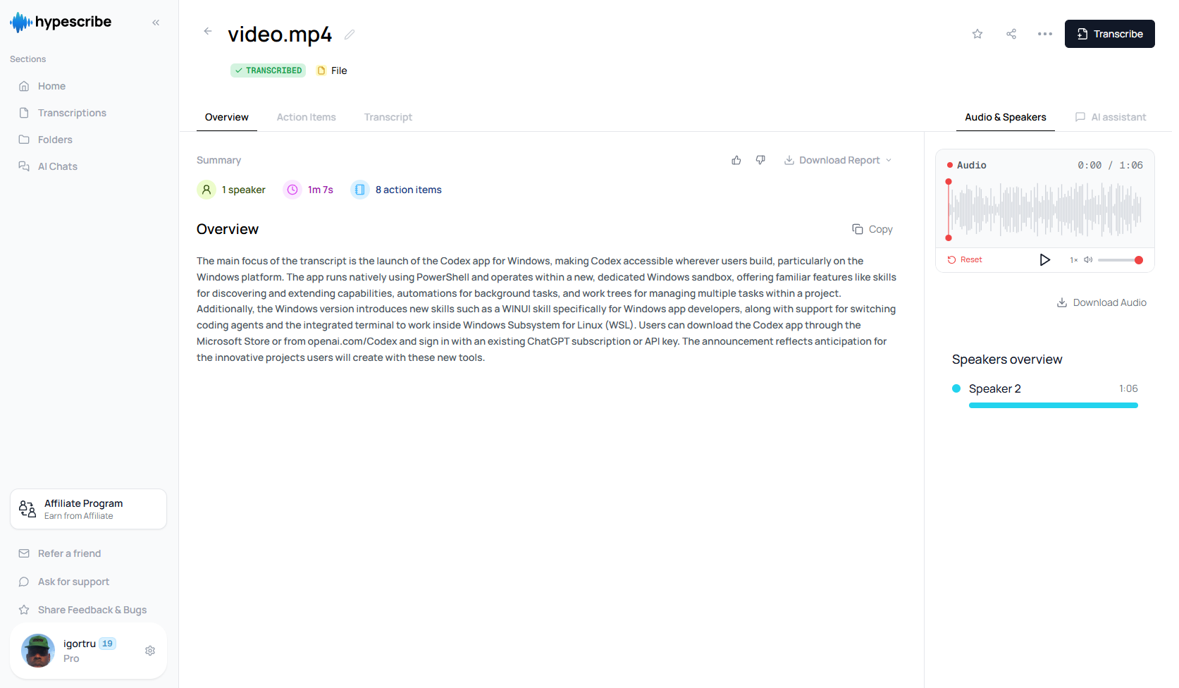 HypeScribe overview page with summary, speaker count, duration, action items and audio player