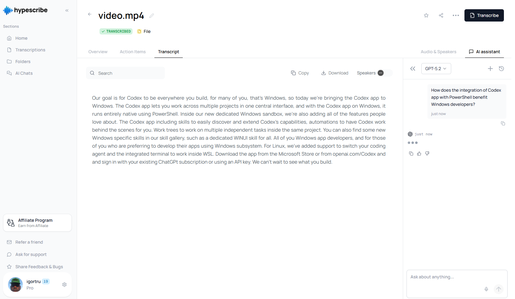 AI assistant in HypeScribe answering questions about the transcript