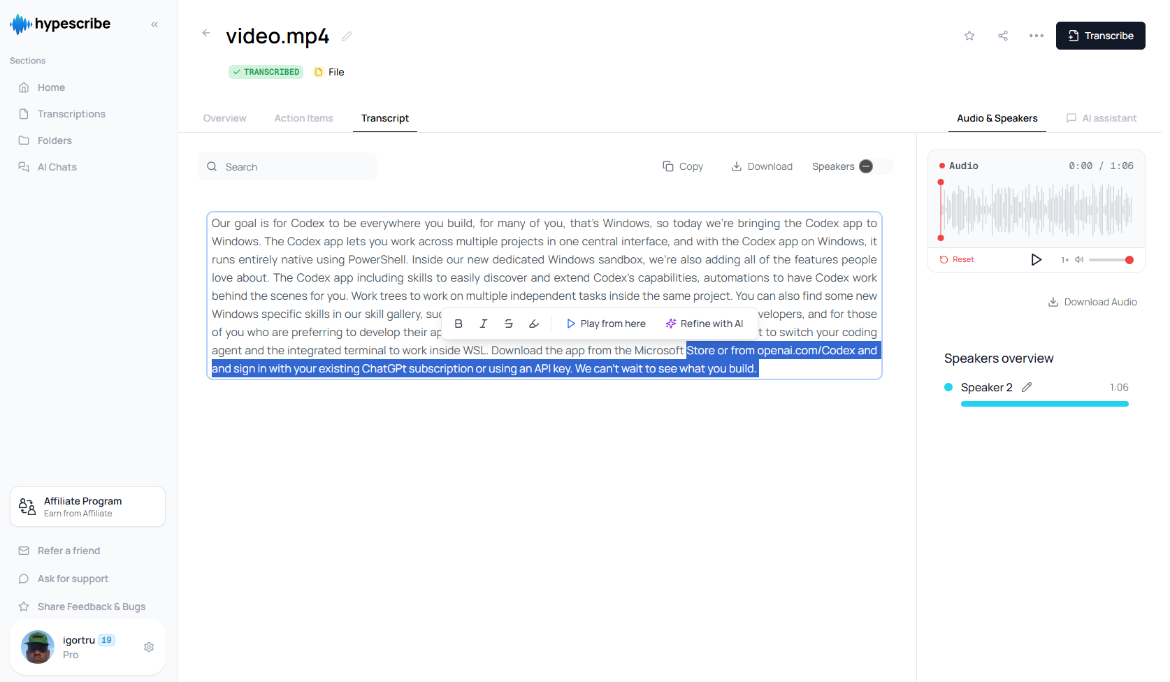 Editing a transcript in HypeScribe: formatting, play from here and refine with AI options