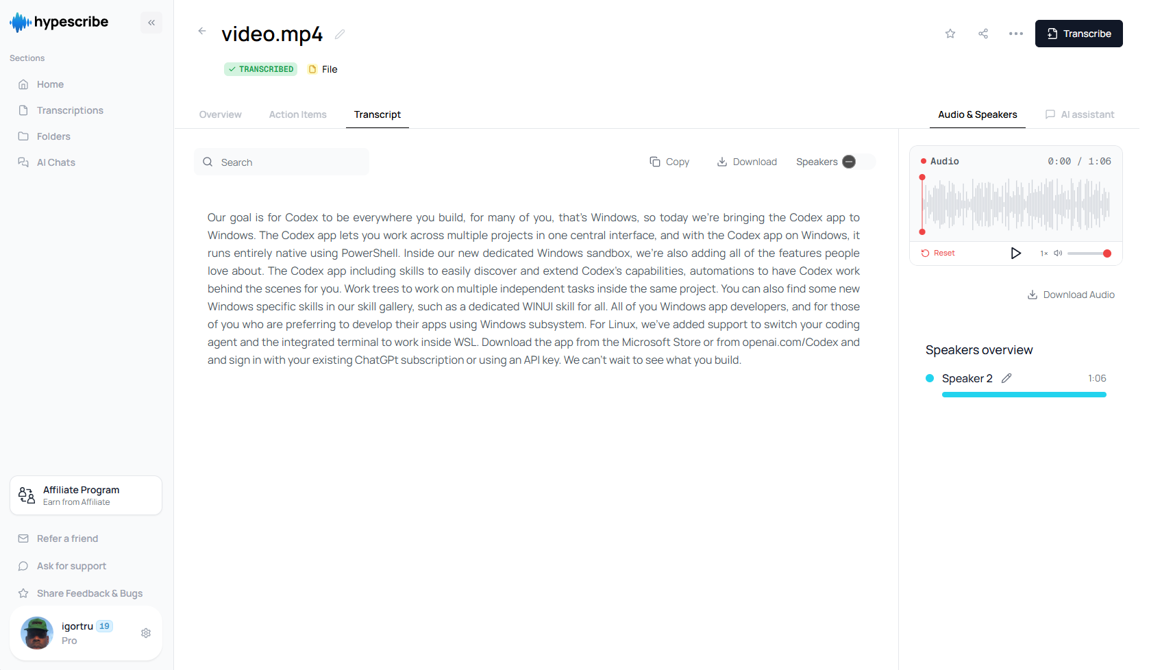 Full transcript in HypeScribe with search, copy, download and speaker labels