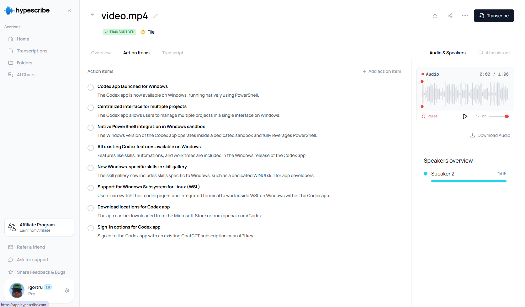 Action items tab in HypeScribe with tasks extracted from the recording
