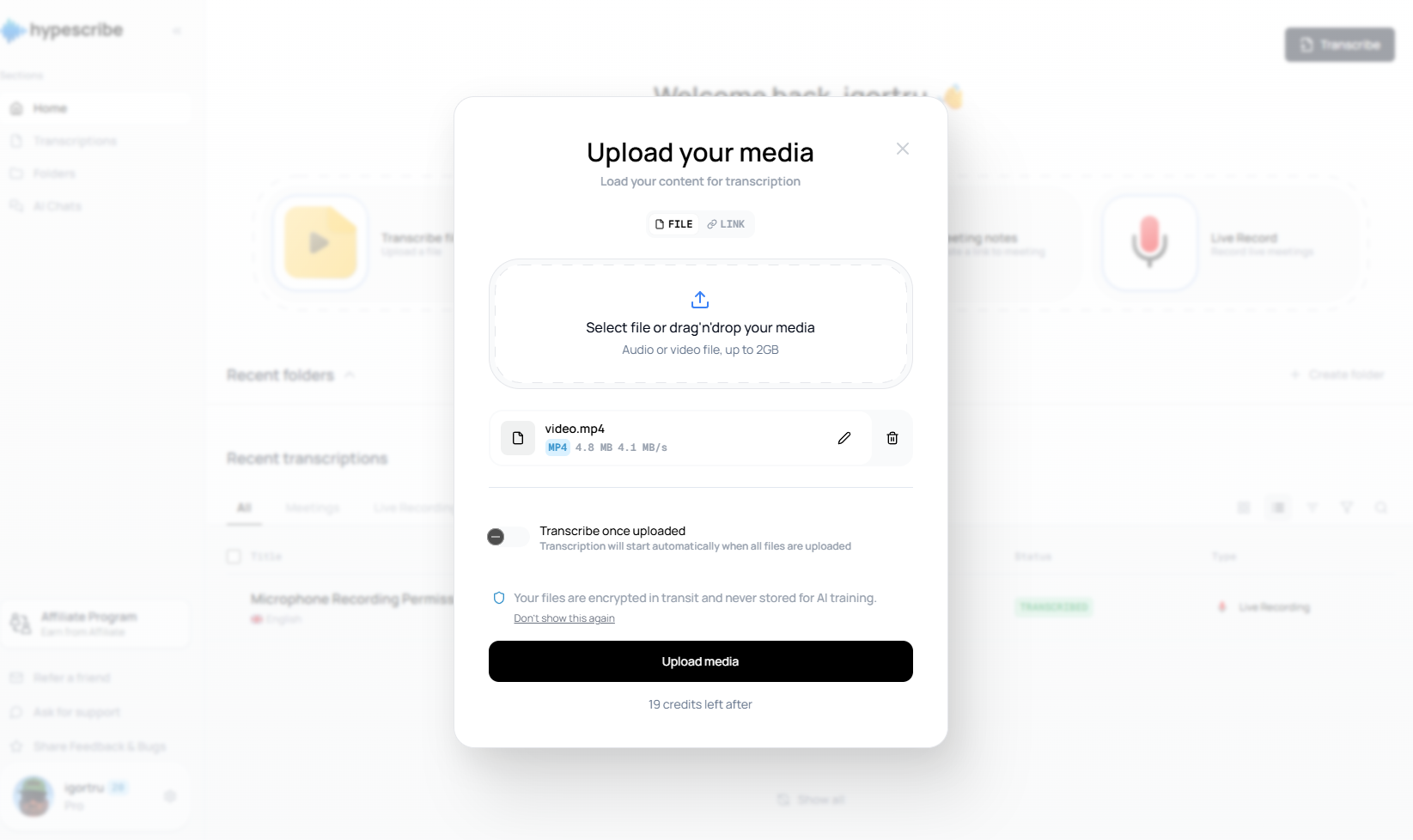 File added to the HypeScribe upload window, showing format, size and upload speed