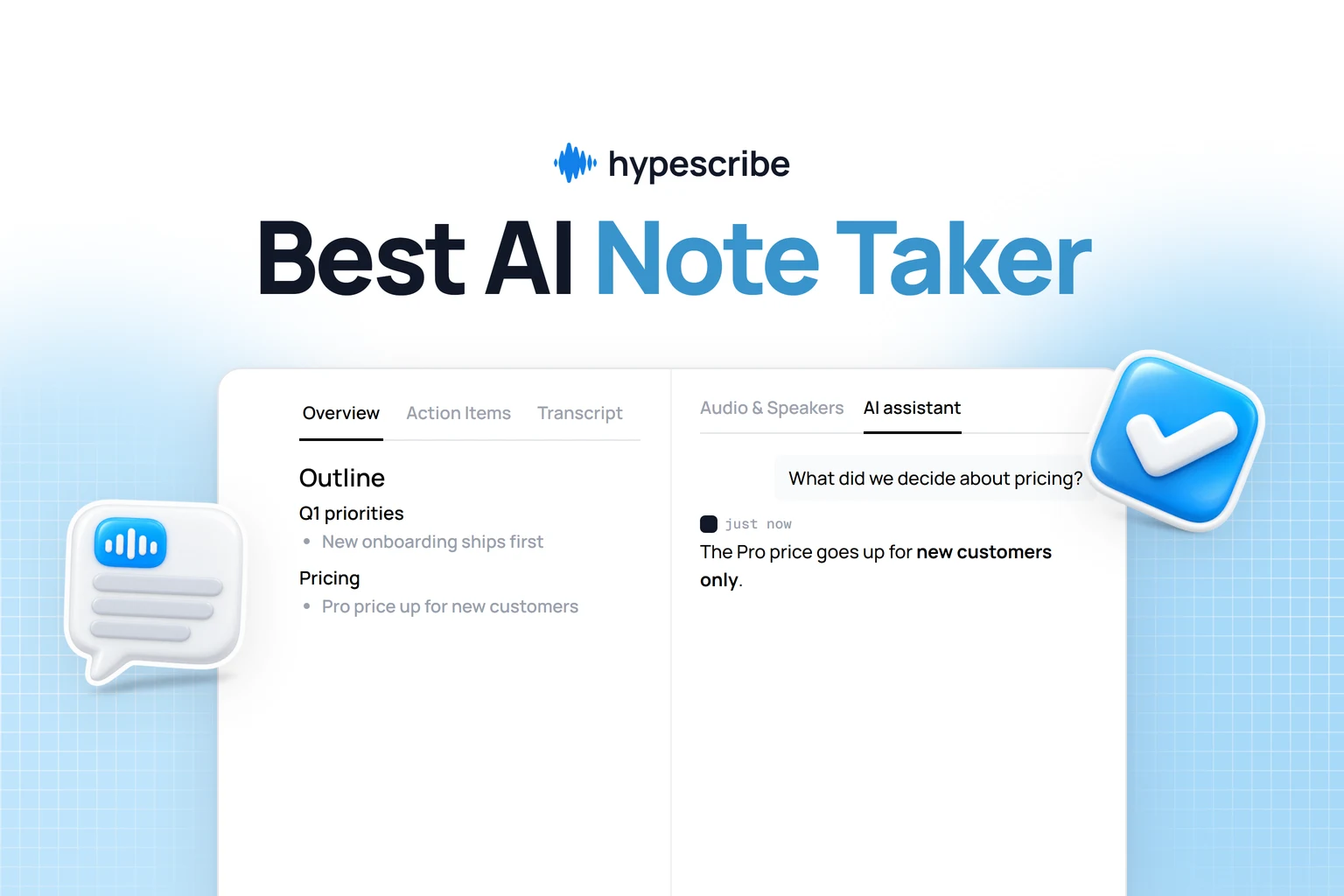 Best AI note taker for meetings: HypeScribe topic outline and AI assistant answering a question about the meeting