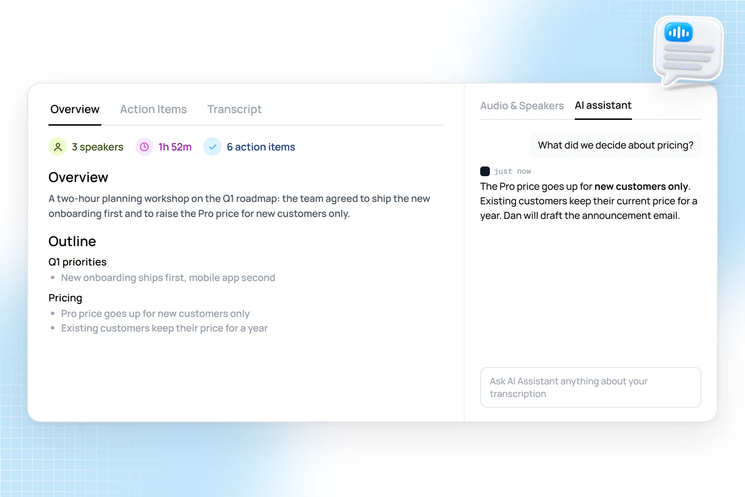 HypeScribe overview of a two-hour meeting with an outline and an AI assistant answering what was decided
