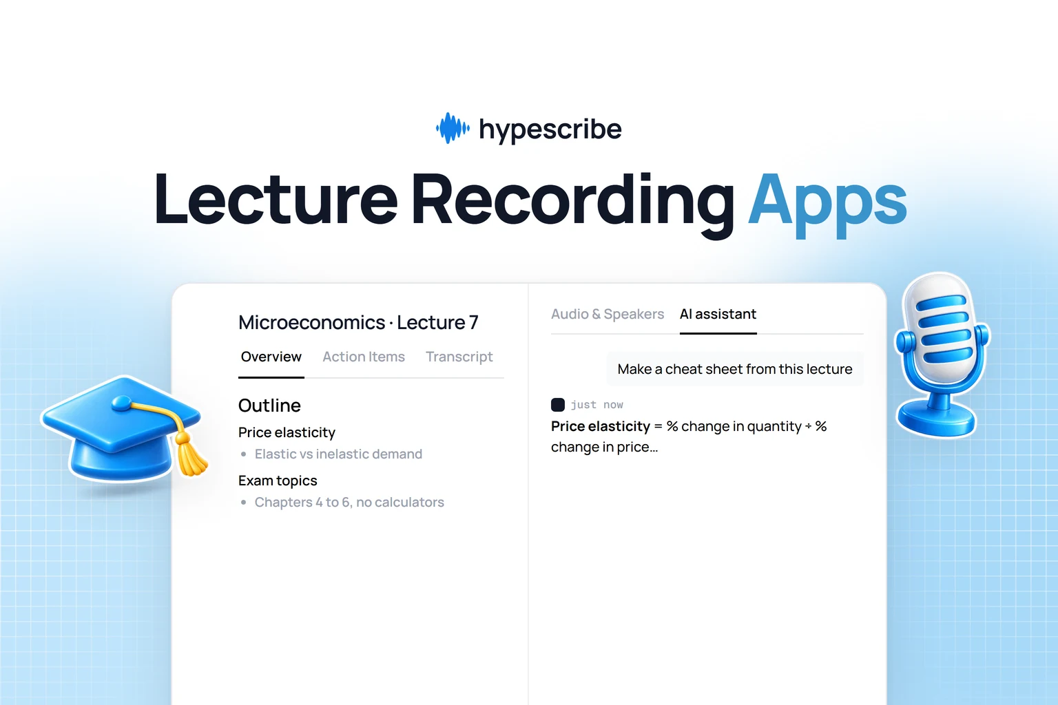 Best apps for recording lectures and taking notes: HypeScribe lecture outline and AI assistant making a cheat sheet