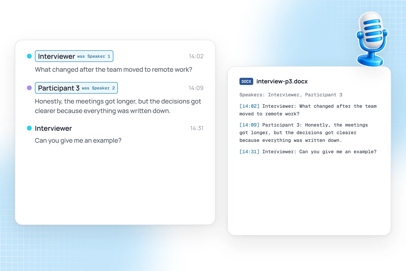HypeScribe interview transcript with renamed speakers and a timestamped DOCX export