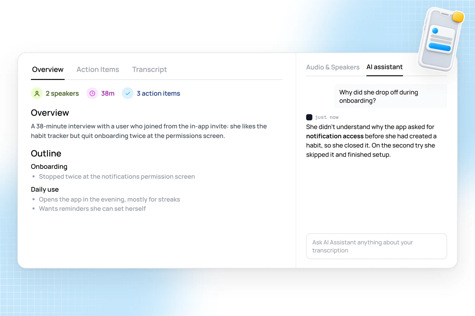 HypeScribe overview and AI assistant for a mobile app user interview about onboarding drop-off