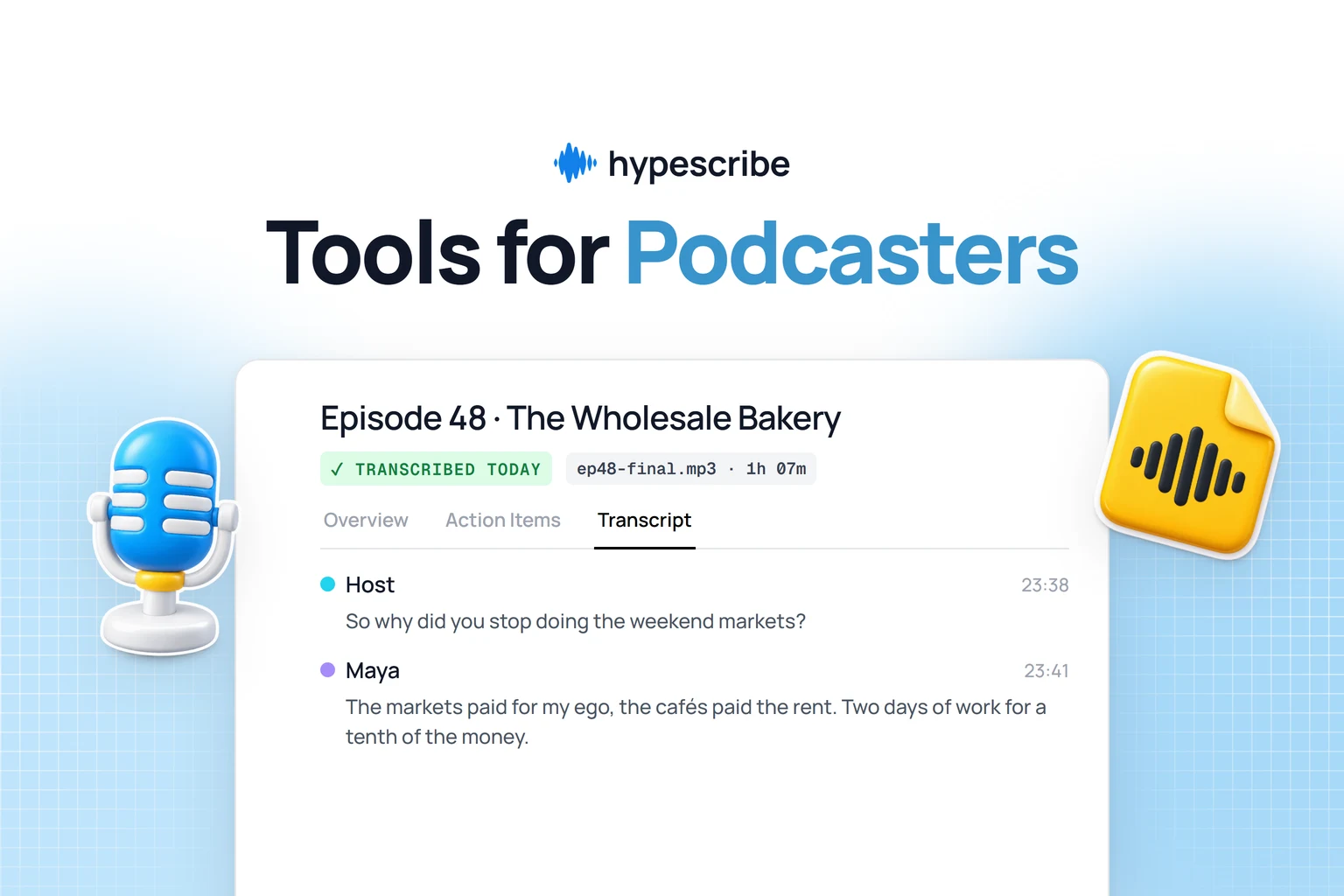 Tools for podcasters: HypeScribe transcript of a podcast episode with host and guest