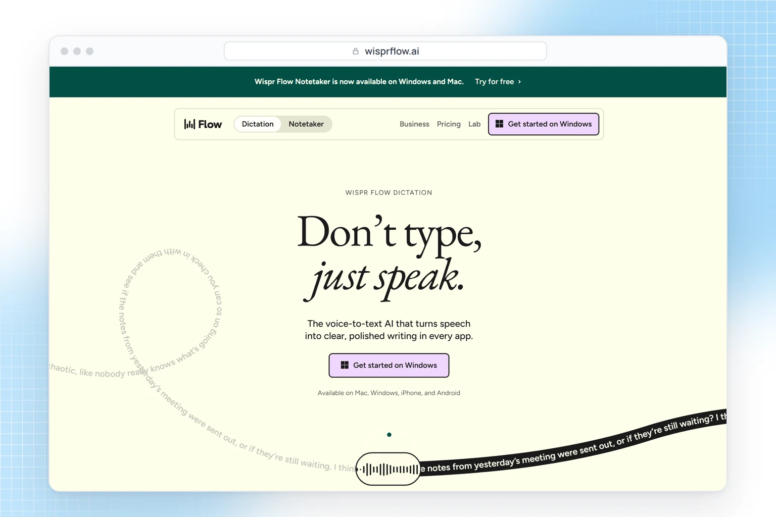 Wispr Flow website: AI voice dictation that writes into any app on iPhone, Android, Mac and Windows