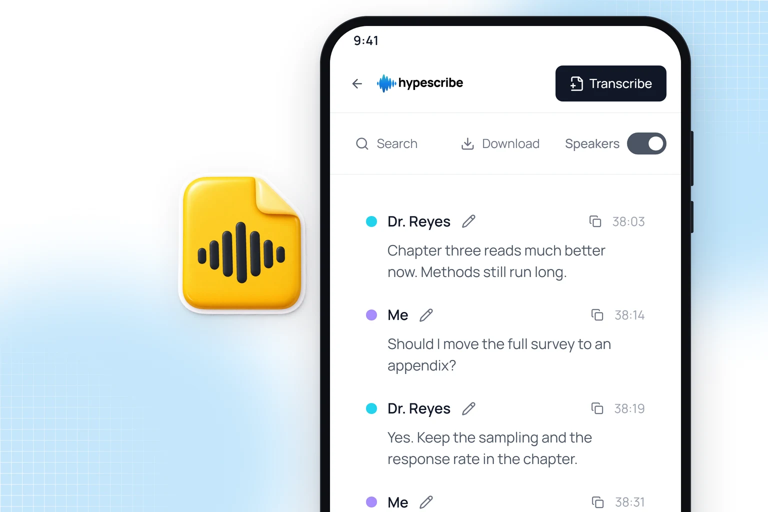 HypeScribe mobile version in Safari on iPhone: transcript of a 52-minute recording with two speakers and timestamps
