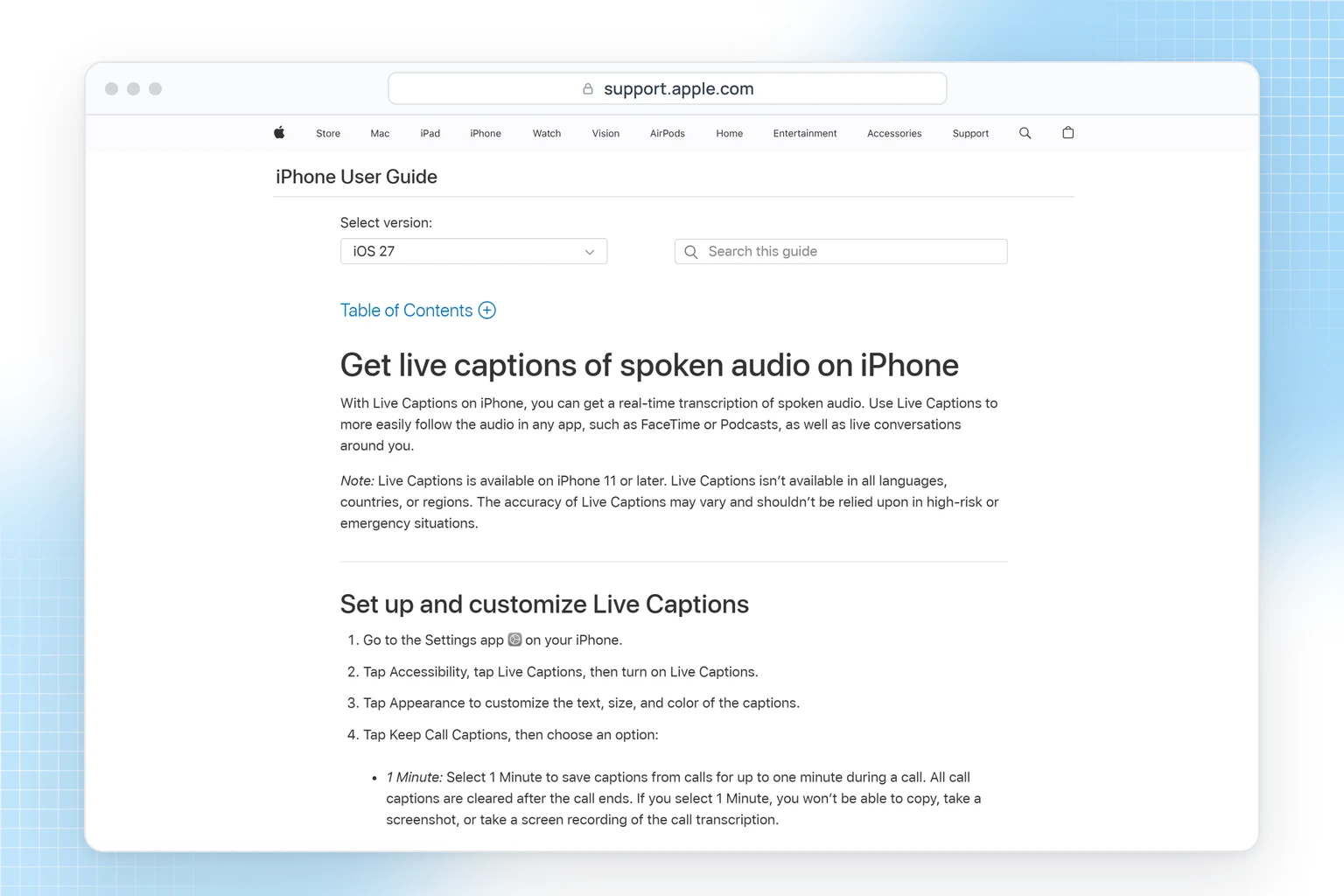 Apple iPhone User Guide: Live Captions shows a real-time transcript of audio on iPhone 11 or later