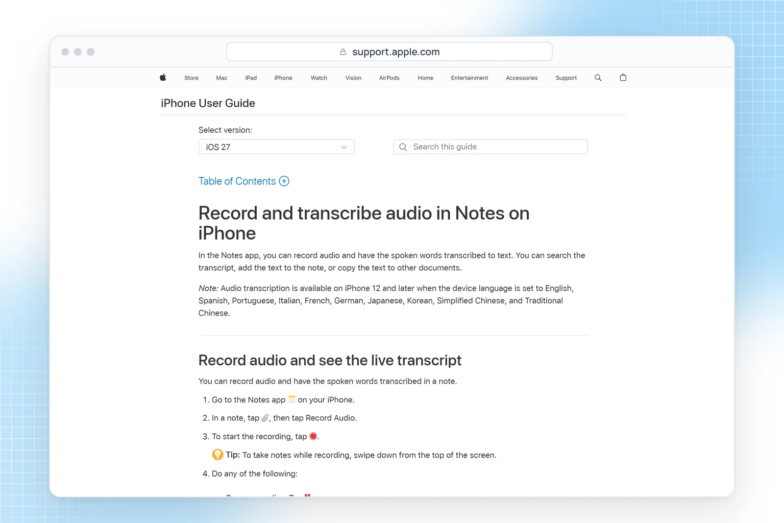Apple iPhone User Guide: record audio in Notes and see a live transcript next to your typed notes