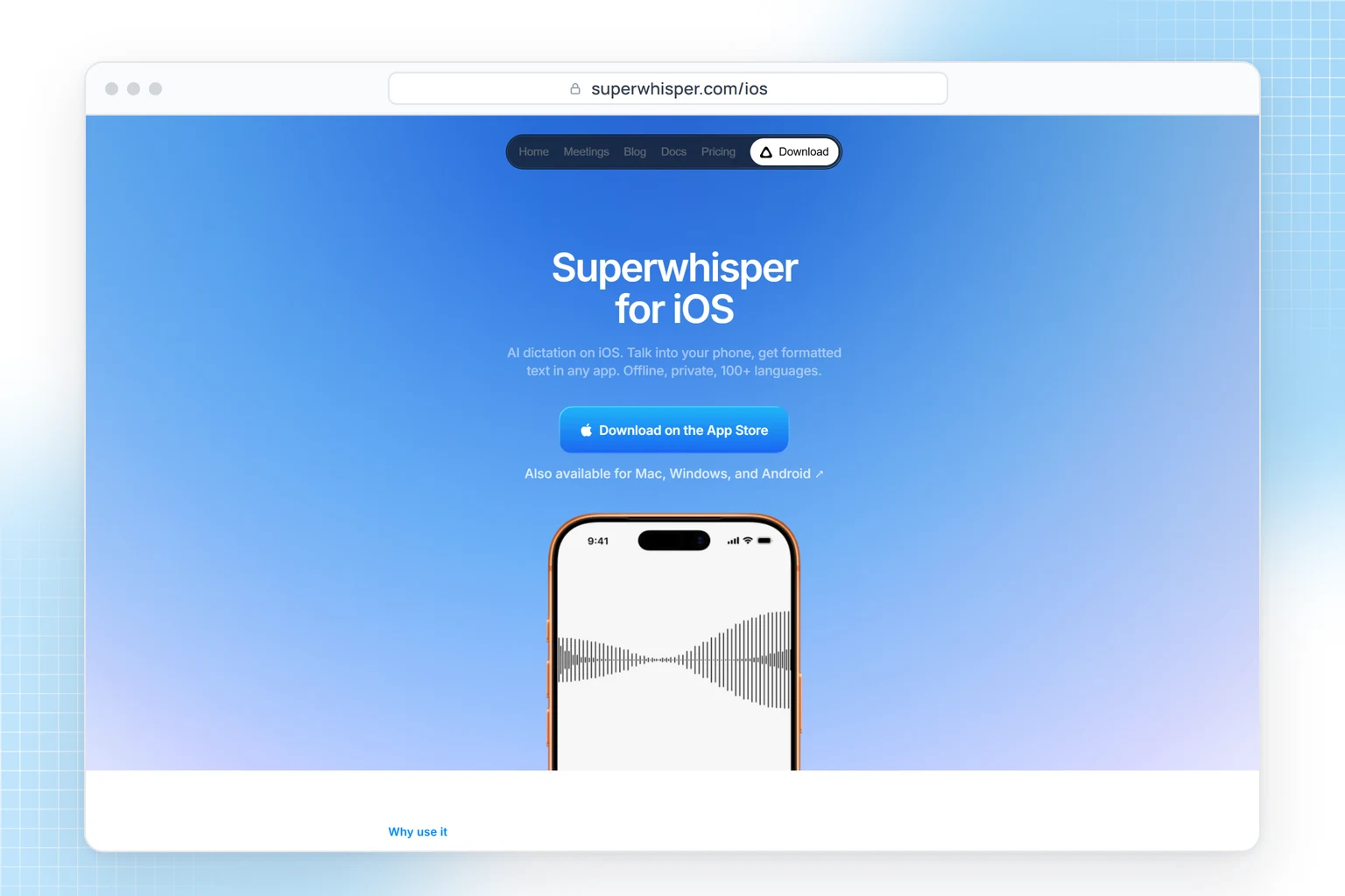 Superwhisper for iOS website: AI dictation into any app with offline on-device models and 100+ languages