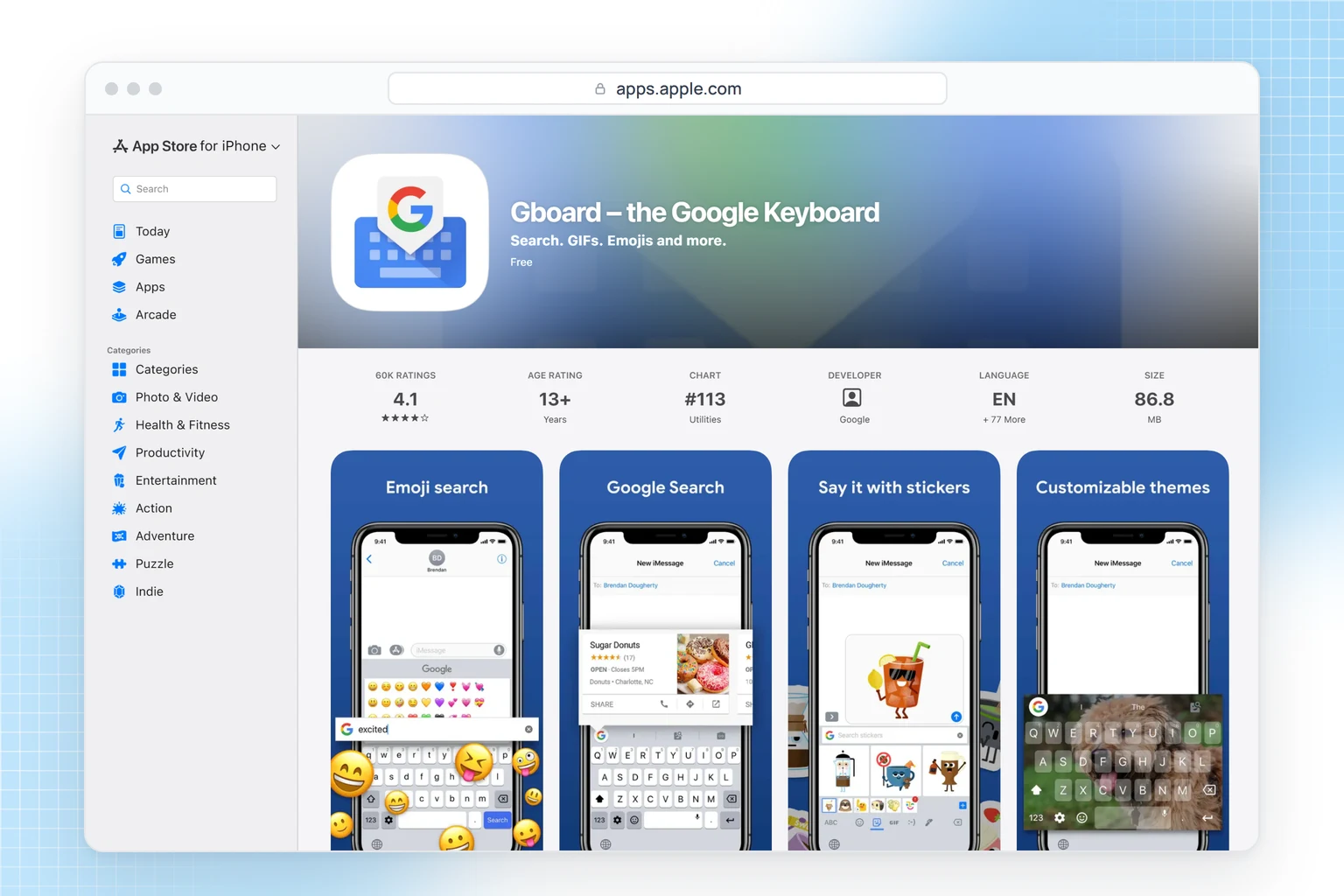 Gboard on the App Store: Google's keyboard for iPhone with voice typing, last updated in May 2022