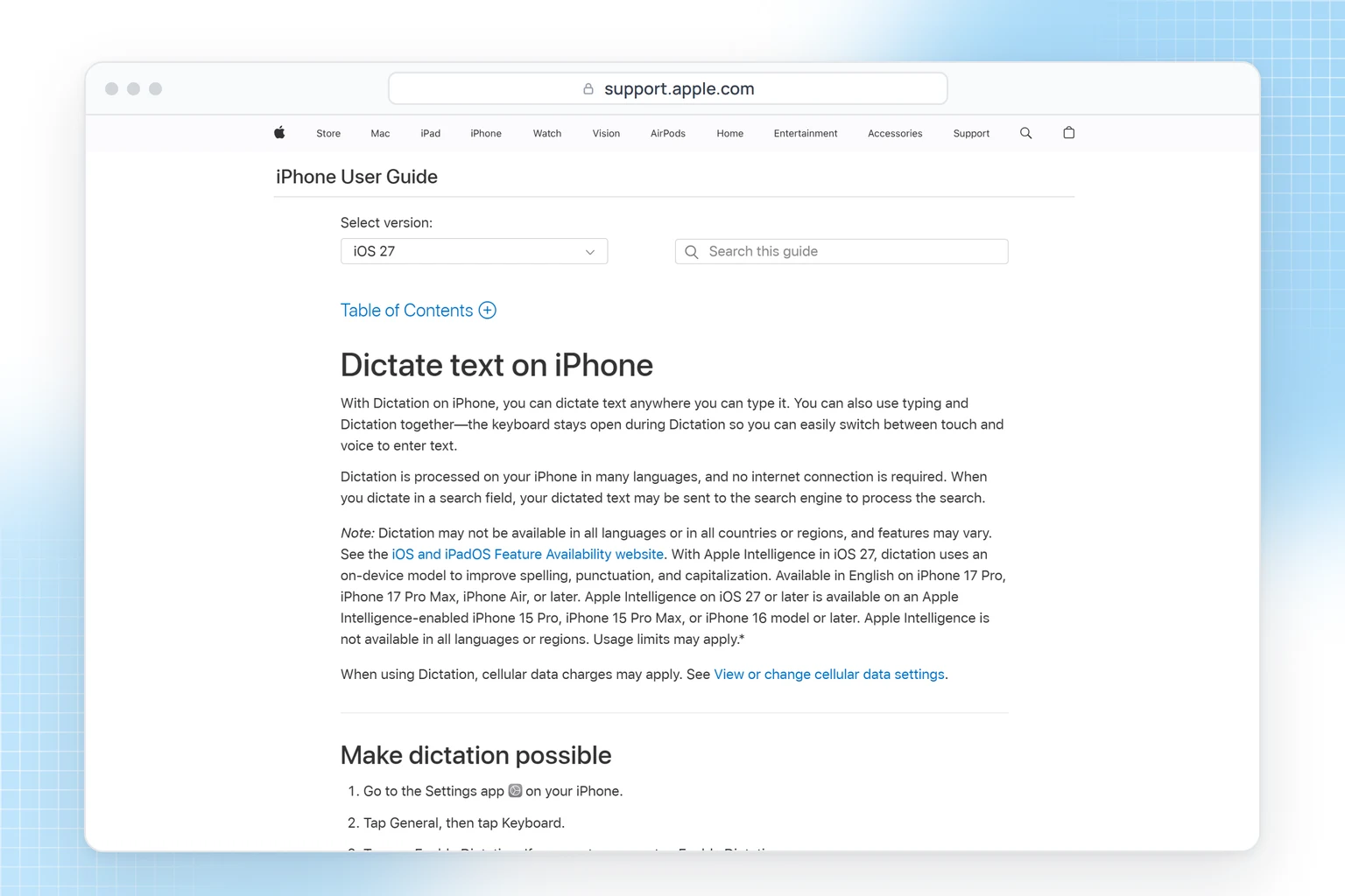 Apple iPhone User Guide for iOS 27: Dictation types in any app and runs on the iPhone in many languages