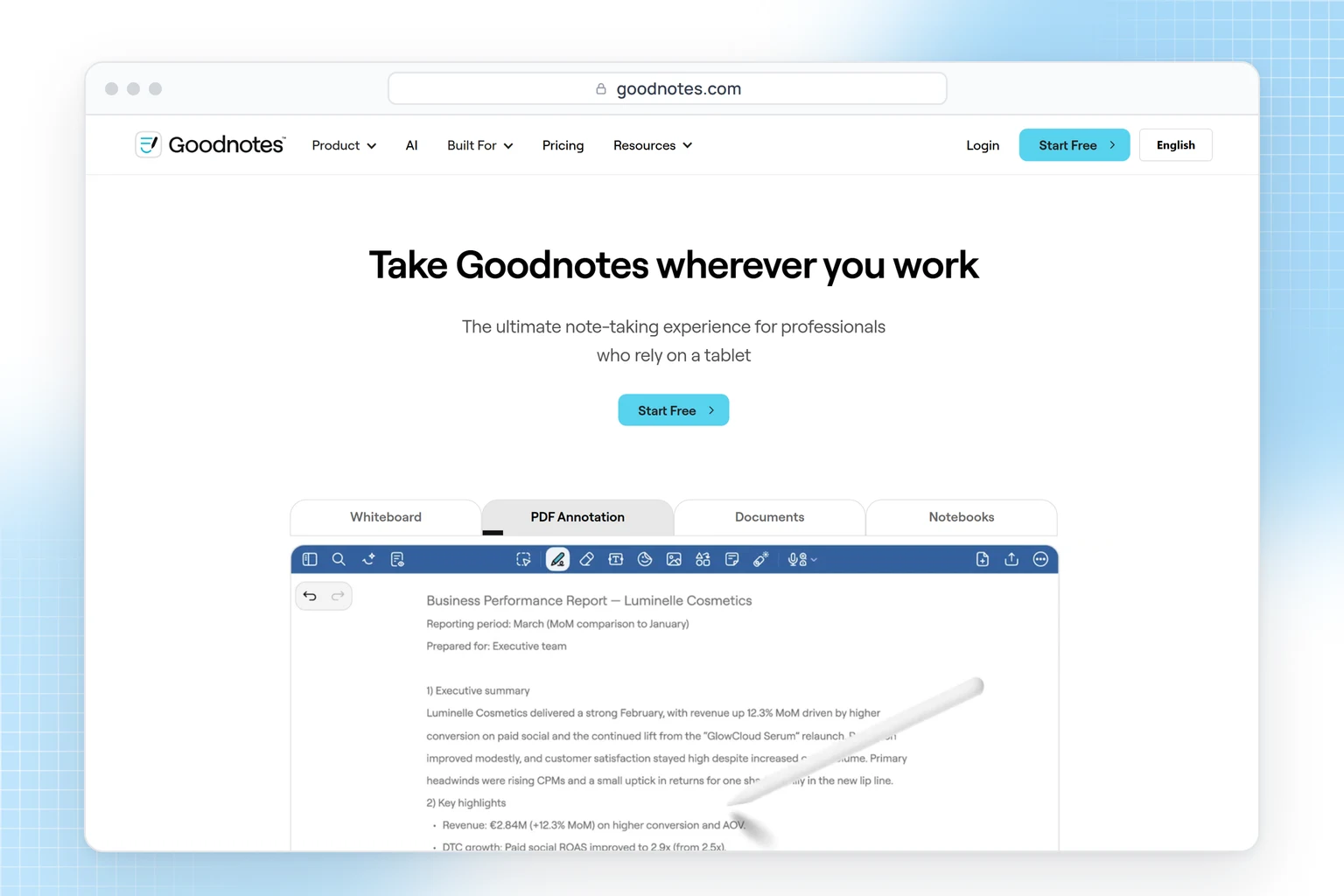 Goodnotes website: a handwriting and PDF annotation app for tablets and computers