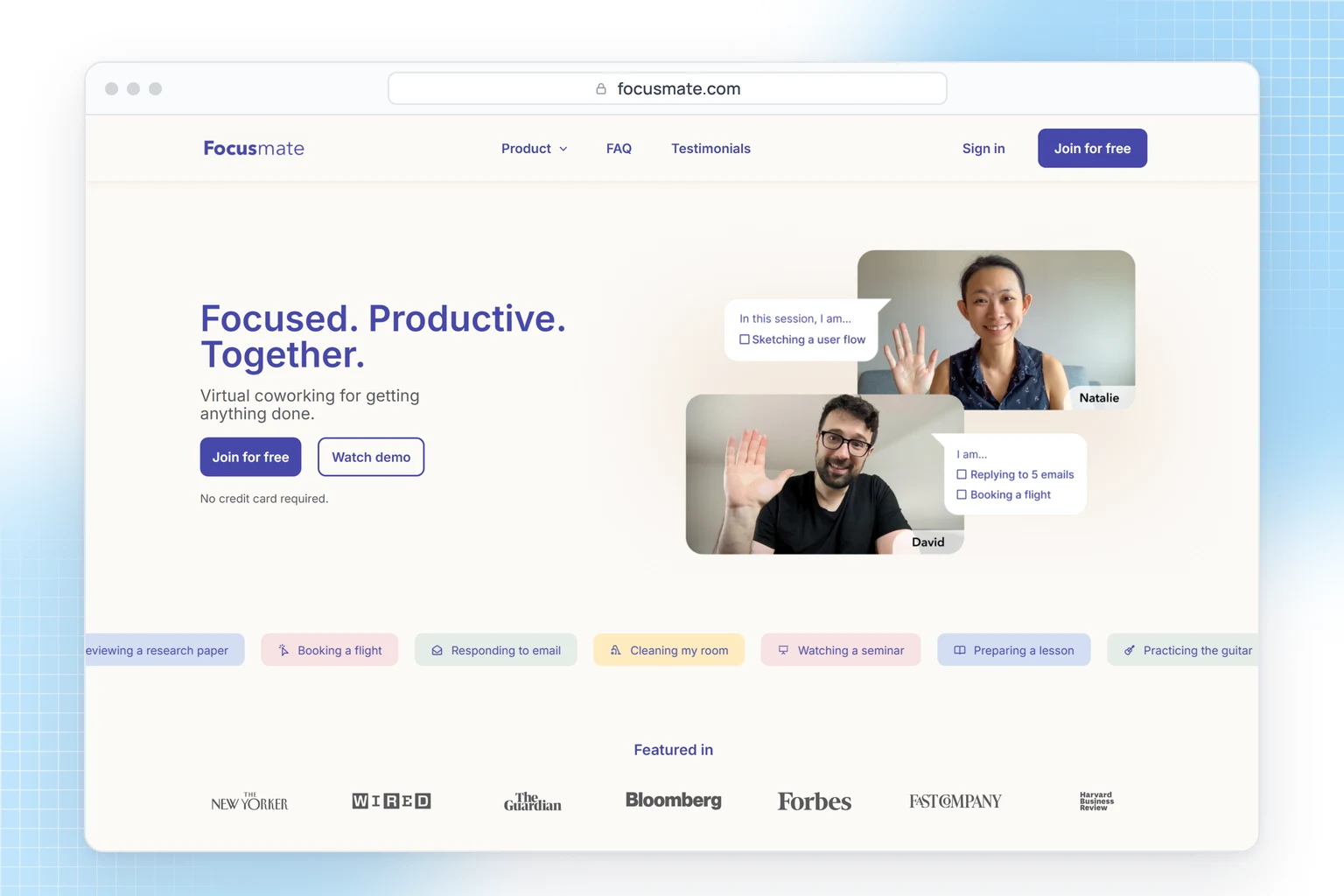 Focusmate website: virtual coworking sessions where you work alongside a partner on video
