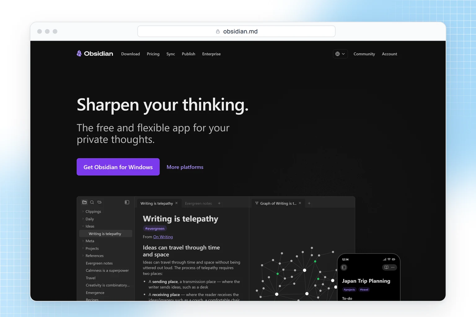 Obsidian website: a free notes app that stores linked Markdown notes on your device