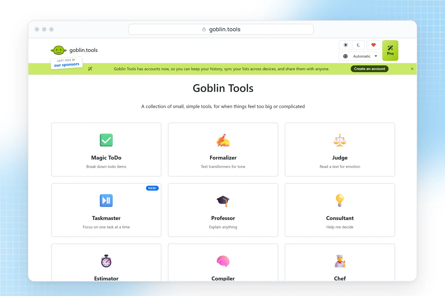 Goblin Tools website: Magic ToDo, Compiler and other small AI tools for tasks that feel too big