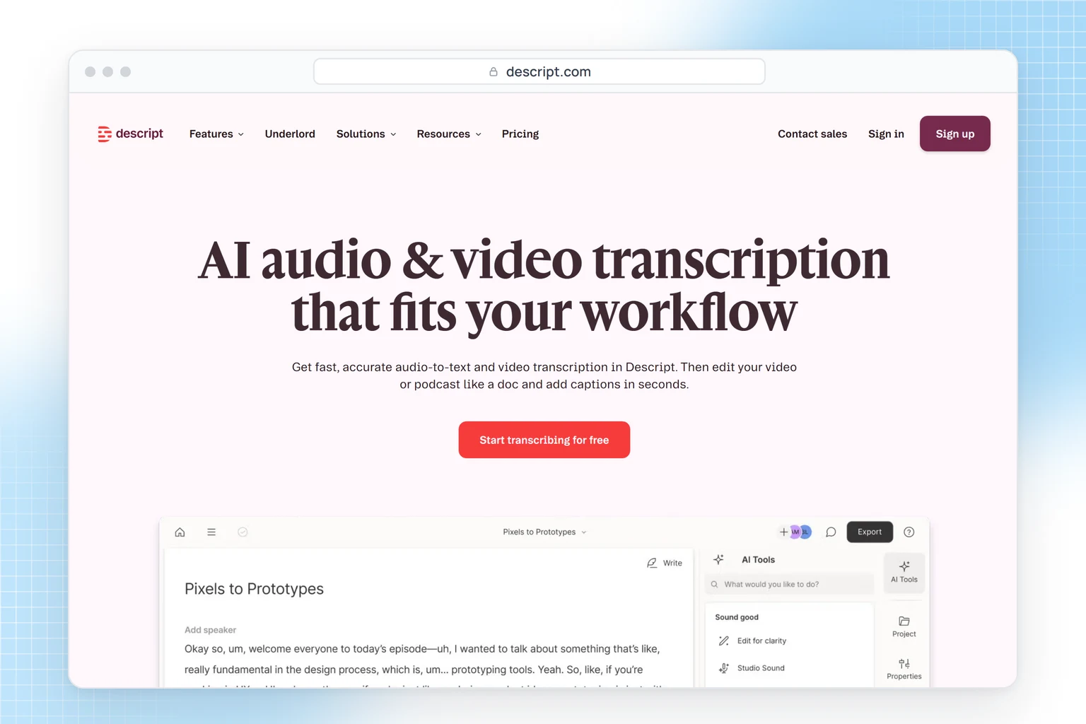 Descript website: AI audio and video transcription inside a video and podcast editor