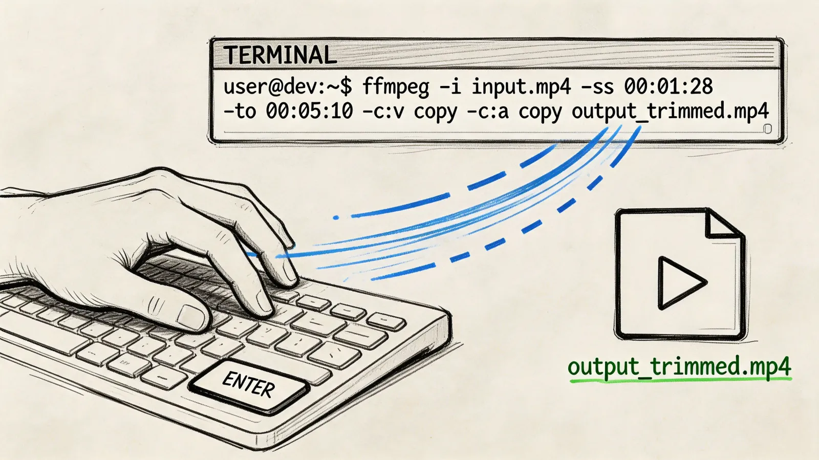 A hand pressing enter on a keyboard to execute a terminal command for trimming mp4 video files.
