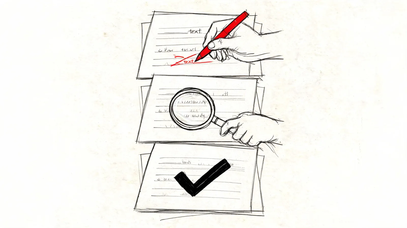 A hand editing text, a magnifying glass inspecting lines, and a document with a large checkmark symbol.