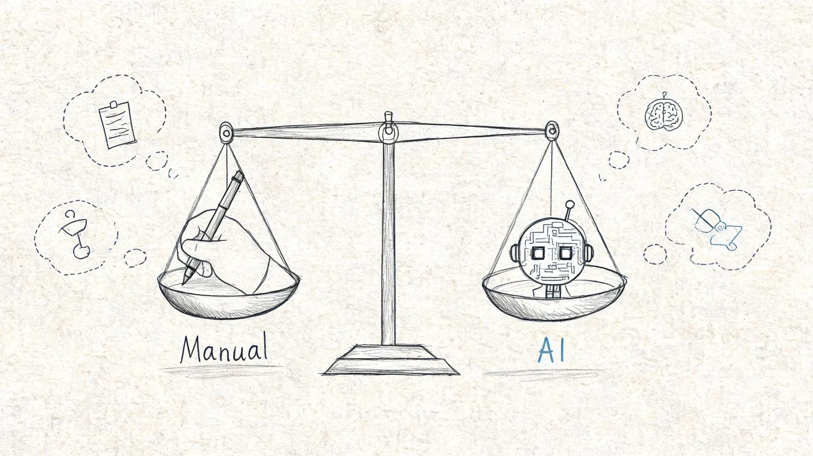 A conceptual sketch showing a hand-held pen and an AI robot balancing on a weighing scale.