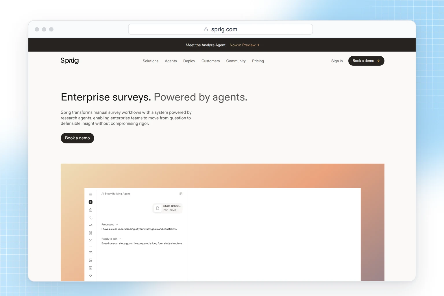 Sprig website: enterprise surveys run by AI agents, from question to insight