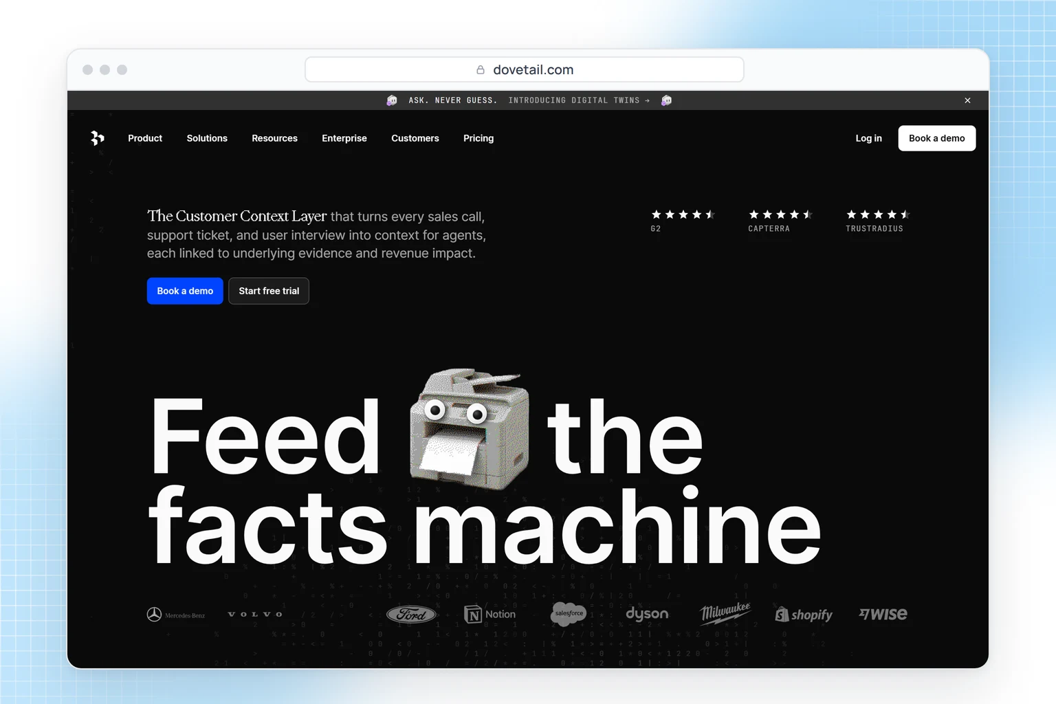 Dovetail website: customer context from sales calls, support tickets and user interviews