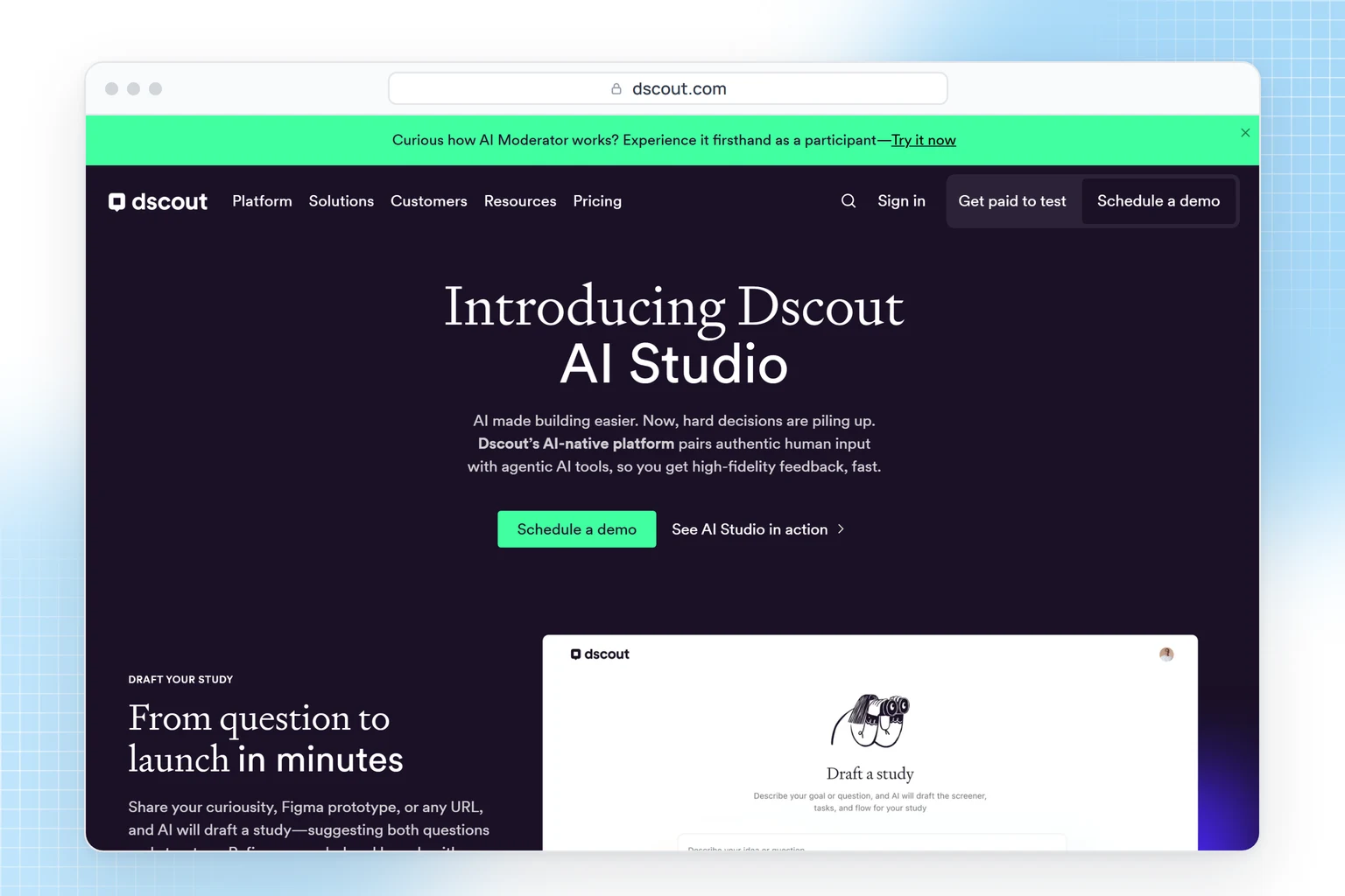dscout website: AI Studio for drafting and launching studies with real participants