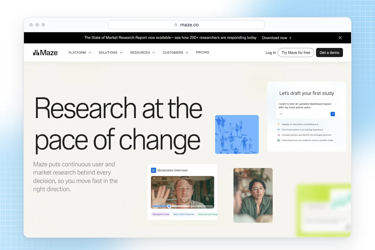 Maze website: continuous user and market research, including moderated interviews