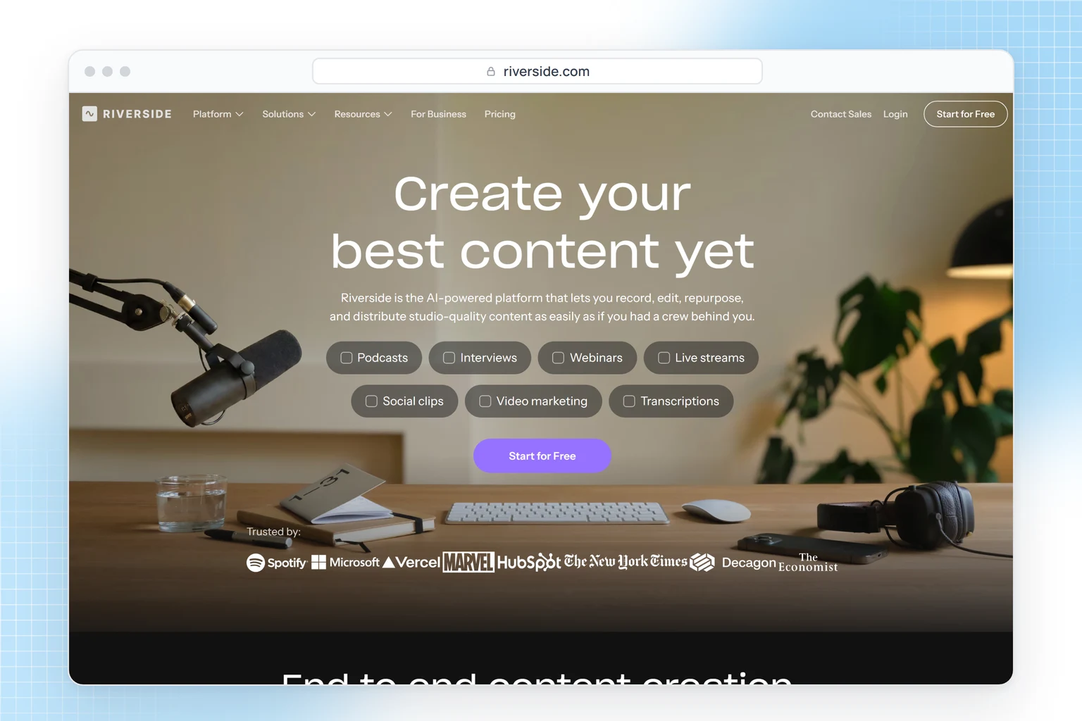Riverside website: record, edit and distribute studio-quality podcasts and video