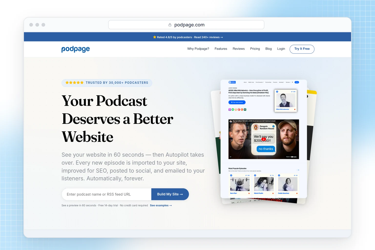 Podpage website: a podcast website built automatically from your RSS feed