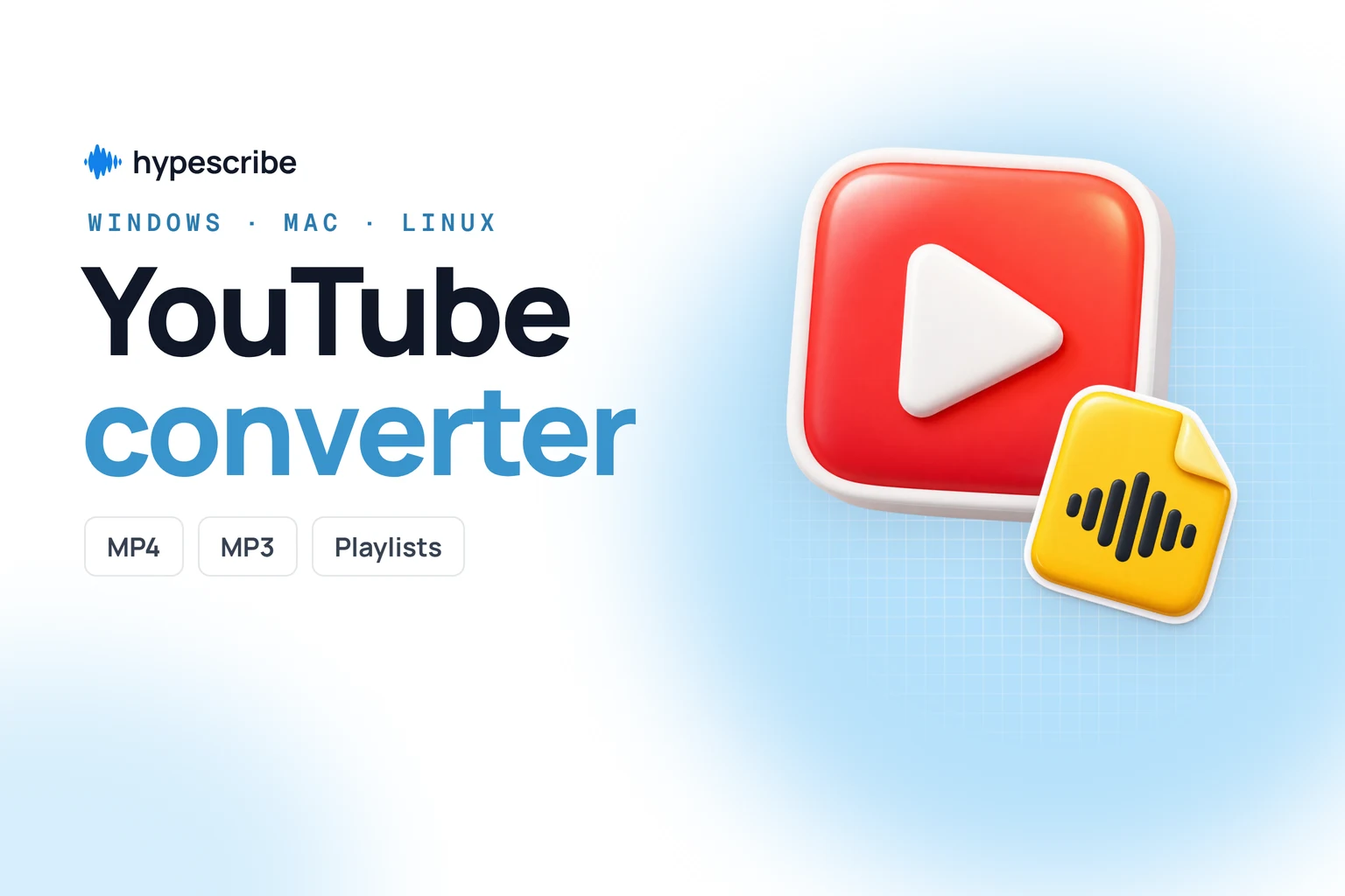 YouTube converter: a 3D red play button next to a yellow audio file, with MP4, MP3 and playlist labels