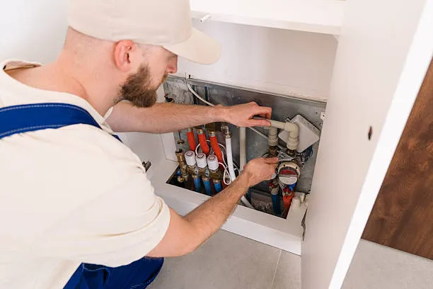 Plumber in uniform adjusting pipes behind a cabinet under a sink.
