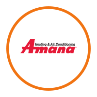 Amana Heating & Air Conditioning red logo inside an orange circular border on white background.
