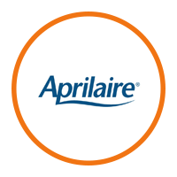 Aprilaire logo with blue text and a wavy underline inside an orange circle border.