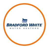 Bradford White Water Heaters company logo with stylized blue waves above the text.