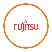 Fujitsu logo in red inside an orange circle on a white background.