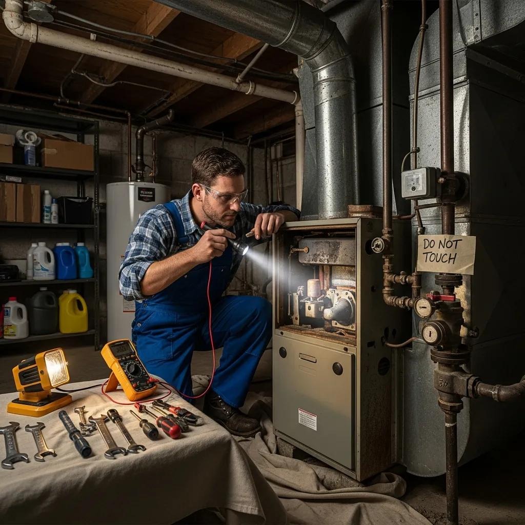 Technician inspecting a residential furnace — professional evaluation for replacement needs