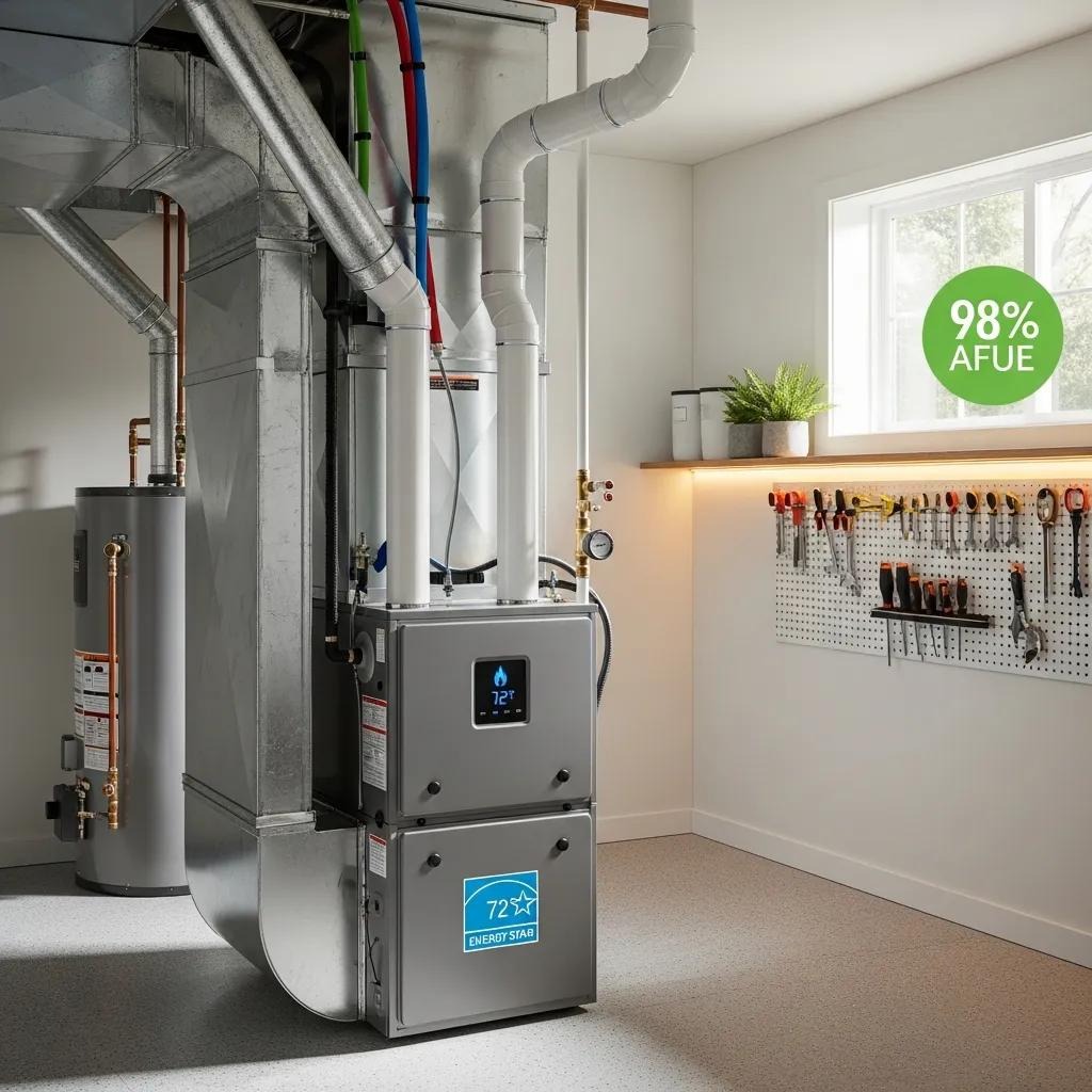 High-efficiency furnace installed in a modern home — energy-saving features for lower bills