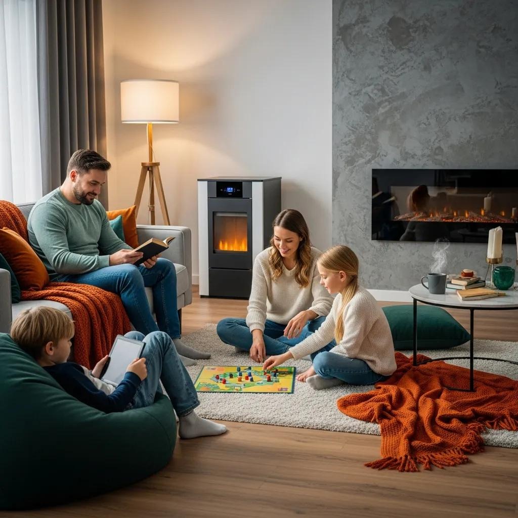 Family relaxing in a warm living room — modern furnace delivering comfort and energy savings