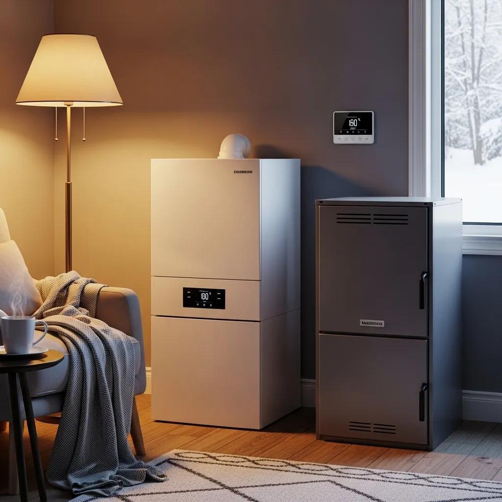 Modern boiler and furnace in a cozy home setting, highlighting energy-efficient heating solutions